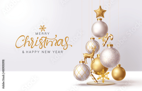 Christmas elegant balls vector design. Merry christmas greeting text with hanging gold and silver xmas balls, deer, snowflakes and star decoration ornaments in elegant background. Vector illustration 