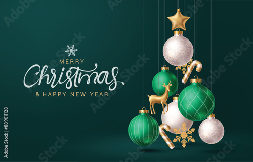 Merry christmas greeting vector design. Christmas hanging balls, glitter bauble, candy cane, snowflakes and gold star decoration elements in xmas tree shape for holiday season green background. Vector