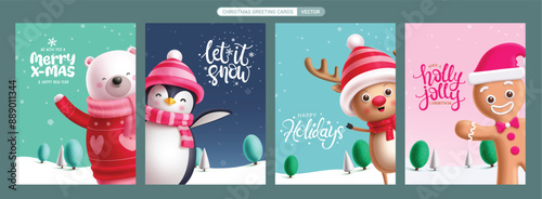 Christmas characters greeting card vector poster set. Character polar  bear, penguin, reindeer and ginger bread christmas cards collection for seasons greeting design. Vector illustration holiday 
