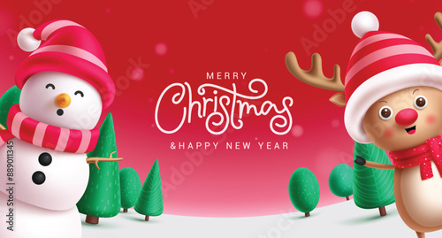Merry christmas greeting vector template design. Christmas snowman and reindeer characters in winter snow red background with pine tree elements. Vector illustration holiday season design. 
