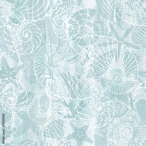 Sea. Art seamless pattern on the marine theme with underwater plants,starfish and seashells on blue watercolor background. Vector. Perfect for design templates, wallpaper, wrapping, fabric, print and 