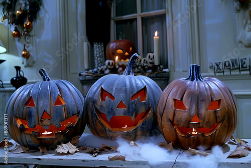 Three Illuminated Jack-O'-Lanterns on a Tabletop for Halloween