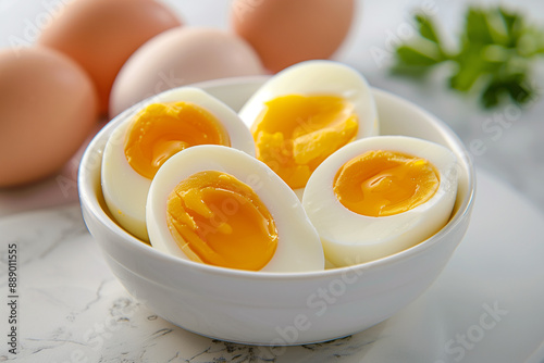 Hard boiled eggs being cut half with the yolk exposed. Generative AI