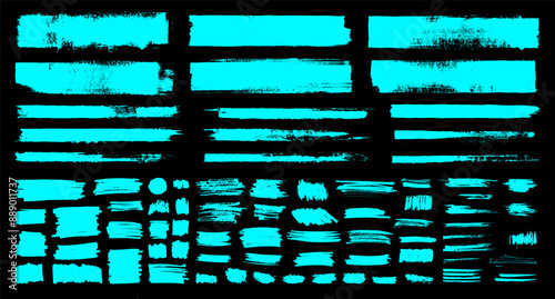 Blue color straight line vector brush strokes. Bright cyan hand drawn stripes, smears. Oil painted brushstrokes set. Rough grunge thick paint textured lines. Vector sketch graffiti rectangle textboxes
