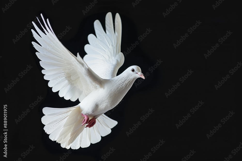 White dove flying on black background symbolizing freedom and peace. White dove flying on black background symbolizing freedom and peace.