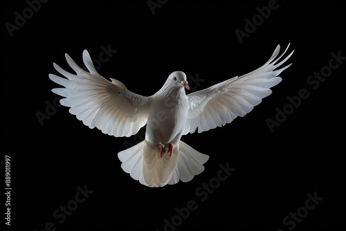 White dove flying on black background  symbolizing freedom and peace. © darshika