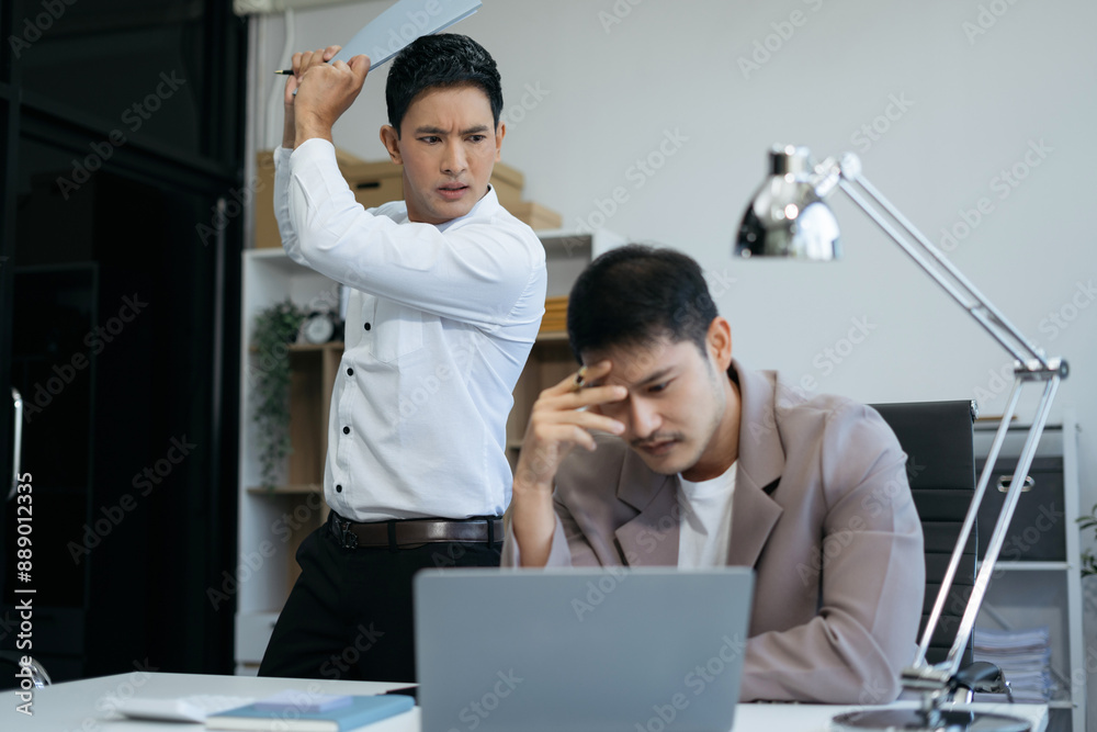 Angry boss blames sad male employee for incompetence computer error in office. Angry boss blames sad male employee for incompetence computer error in office.