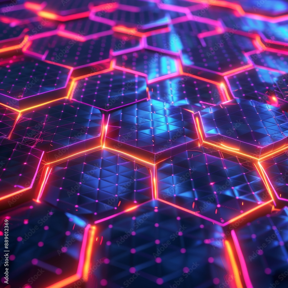 A 3D mesh of glowing neon hexagons interlocking A 3D mesh of glowing neon hexagons interlocking