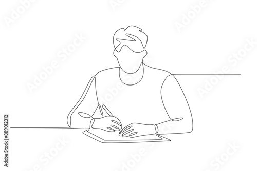 Man who is tense while doing his homework. Homework concept one-line drawing