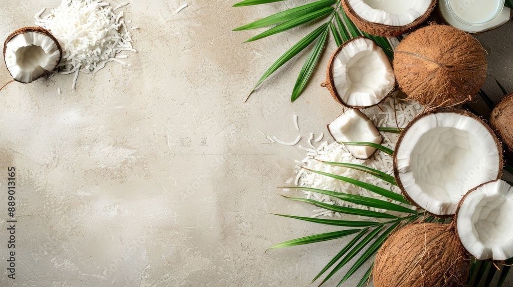 Coconut milk alongside coconut products, set on a neutral background with copy space Coconut milk alongside coconut products, set on a neutral background with copy space