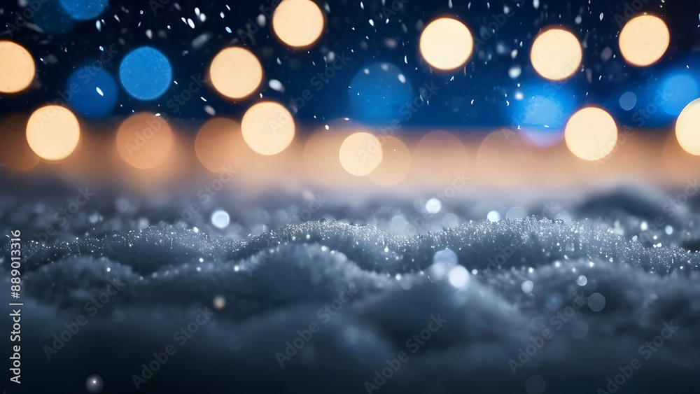 Obraz premium Christmas and winter holidays background. Glowing defocused glitter texture with blue bokeh lights and snow