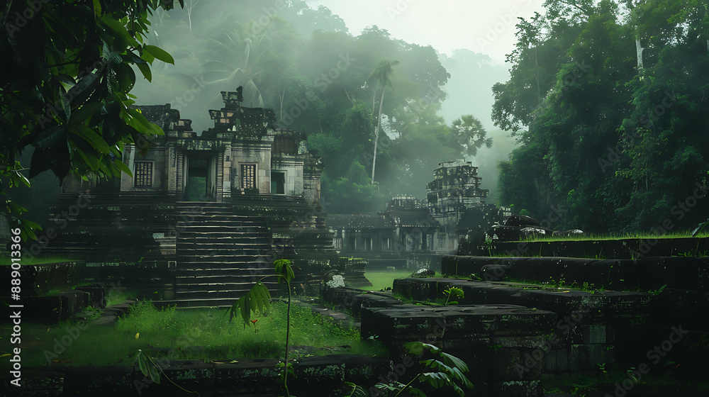 Obraz premium Ancient Temple Ruins in Misty Jungle 