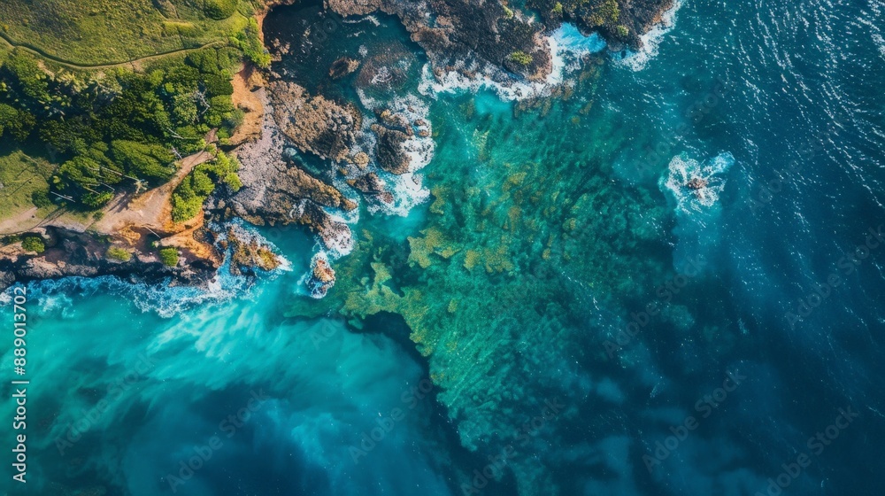Capture the serene beauty of a coastline from above, where the land meets the sea in a harmonious blend of colors and shapes. Capture the serene beauty of a coastline from above, where the land meets the sea in a harmonious blend of colors and shapes.