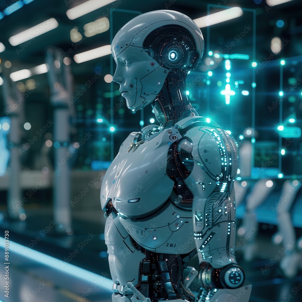futuristic humanoid robot with glowing circuits interacting with holographic displays surrounded by streams of data sleek laboratory setting with blue accent lighting futuristic humanoid robot with glowing circuits interacting with holographic displays surrounded by streams of data sleek laboratory setting with blue accent lighting