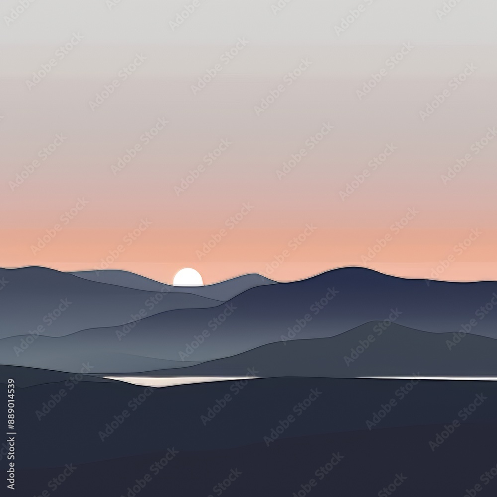 A calm sunset over a minimalist landscape with soft colors and simple silhouettes A calm sunset over a minimalist landscape with soft colors and simple silhouettes