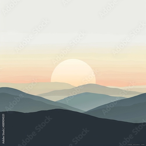A calm sunset over a minimalist landscape with soft colors and simple silhouettes of distant mountains. illustration  © Farid