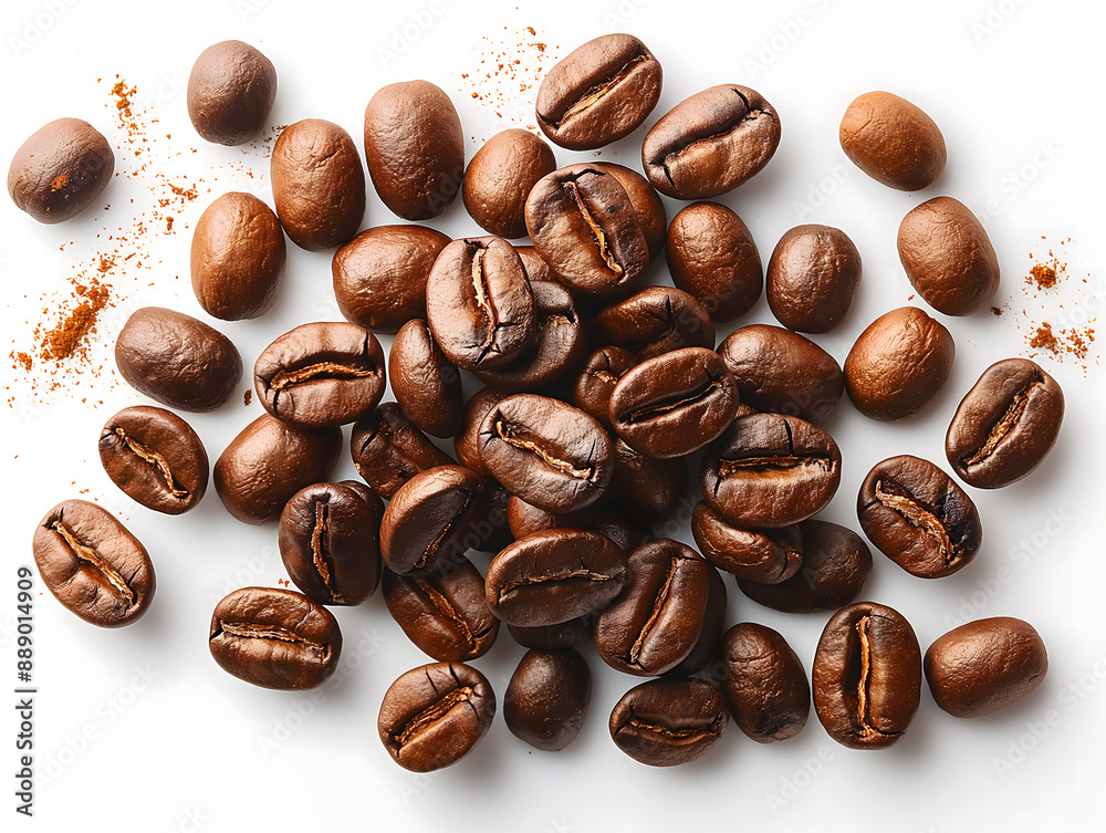 Heap of ground coffee and beans on white background, top view Heap of ground coffee and beans on white background, top view