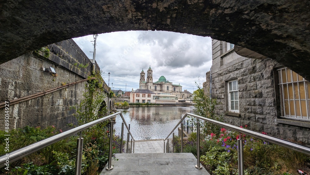 Beautiful old cityscape scenery, Church of Saints Peter & Paul by Shannon river at Athlone, town in Westmeath, Ireland, landmark and architecture background