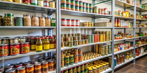 Wallpaper Mural Shelves in a humble community food pantry filled with a variety of canned foods , generosity, community Torontodigital.ca