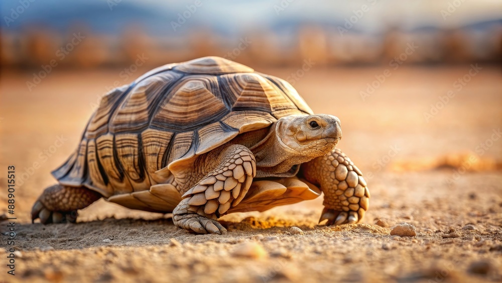 Fototapeta premium African Spurred Tortoise crawling on dry desert ground, wildlife, reptile, animal, tortoise, African spurred, Geochelone sulcata, dry