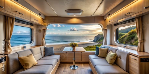 Panoramic sea view from inside a cozy caravan , beach, vacation, travel, relaxation, summer, mobile home, interior, window, ocean