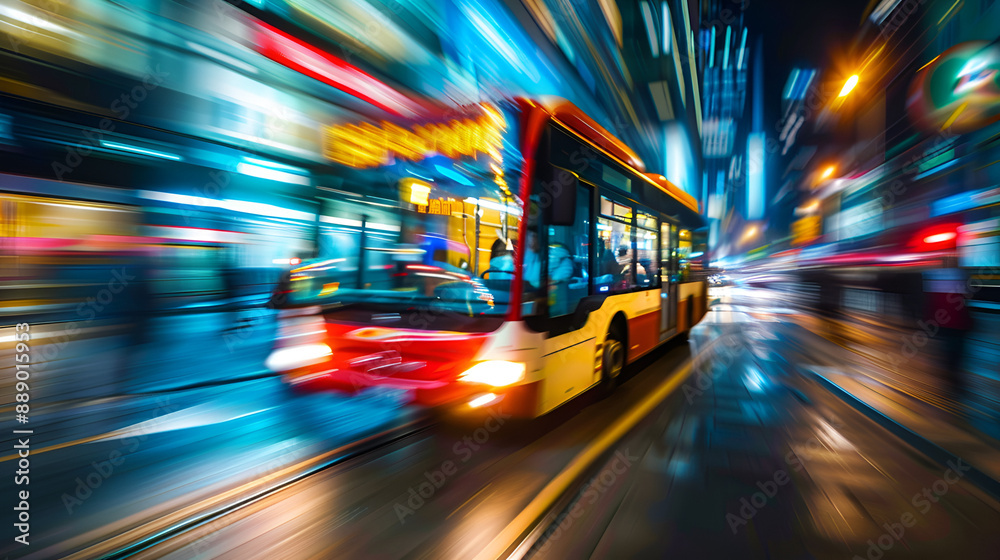 A vibrant motion blur city bus speeding through the illuminated streets of a bustling metropolis A vibrant motion blur city bus speeding through the illuminated streets of a bustling metropolis