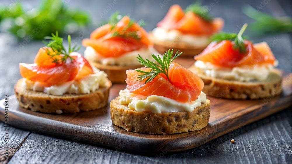 A delicious canape topped with smoked salmon and creamy cheese, perfect for breakfast or as a snack , canape, salmon, cheese, food A delicious canape topped with smoked salmon and creamy cheese, perfect for breakfast or as a snack , canape, salmon, cheese, food