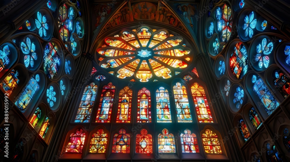 The stained glass windows of a cathedral are filled with a variety of colors The stained glass windows of a cathedral are filled with a variety of colors