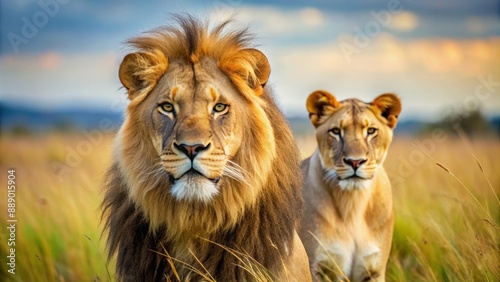 Close up of a majestic lion and lioness exploring their territory in the African savannah, lion, lioness, wild, predator