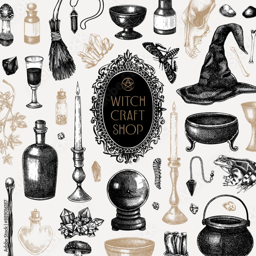 Bohemian-style witchcraft background. Vinatge Halloween sketches. Hand-drawn vector illustration. Witchcraft seamless pattern. NOT AI generated