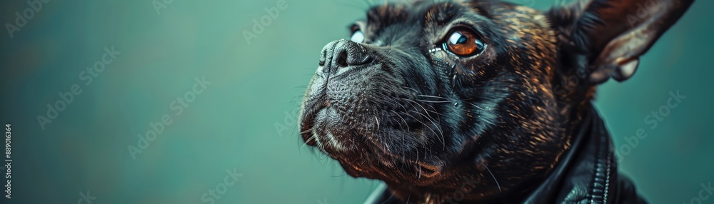 Close-up of a French Bulldog looking upwards, with a dreamy, contemplative expression. Teal background complements the dog's dark fur. Close-up of a French Bulldog looking upwards, with a dreamy, contemplative expression. Teal background complements the dog's dark fur.