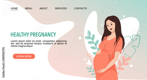 Healthy Pregnancy landing web page template with pregnant woman on floral background