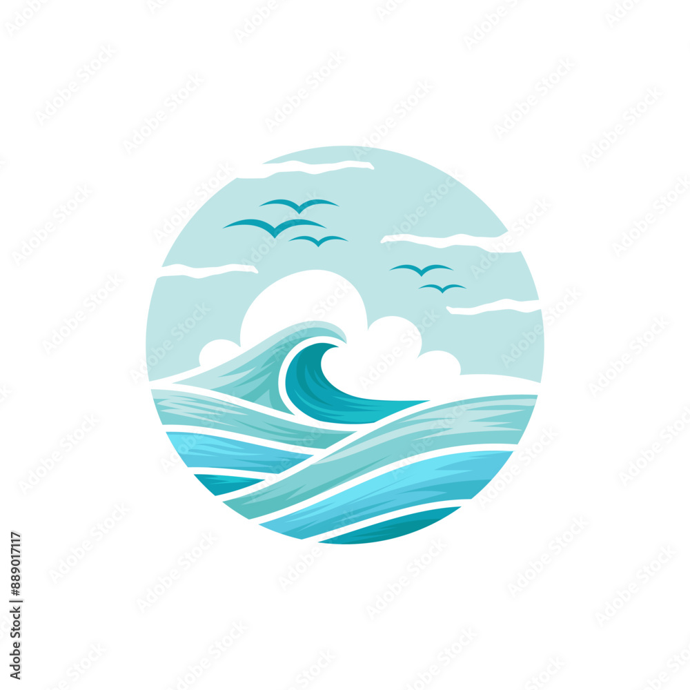 a logo illustration of waves with a blue sky and birds flying above it a logo illustration of waves with a blue sky and birds flying above it