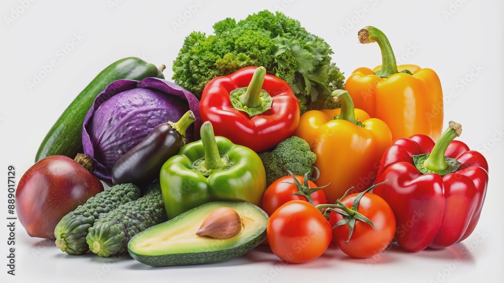 Colorful cartoon vegetables including broccoli, pepper, tomato, avocado, carrot, and eggplant are arranged on a white background with various shadow options to choose from. Colorful cartoon vegetables including broccoli, pepper, tomato, avocado, carrot, and eggplant are arranged on a white background with various shadow options to choose from.