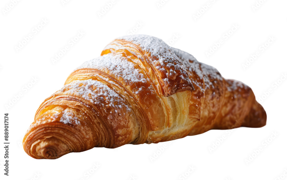 A golden brown croissant dusted with powdered sugar A golden brown croissant dusted with powdered sugar