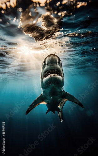 Dramatic underwater shot of a great white shark approaching the surface, illuminated by sunlight filtering through the ocean water.