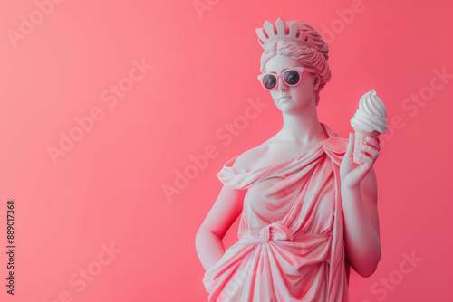 Greek goddess statue wearing sunglasses with ice cream on pink background. Greek goddess eating ice cream. Summer vacation.  photo