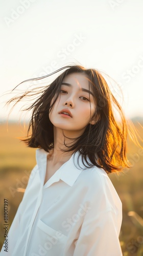 Portrait of a young woman with short hair in a white shirt standing in a field at sunset, exuding a serene and contemplative mood.