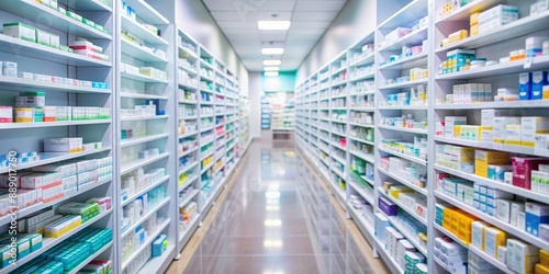 Abstract blurred corridor in a pharmacy with shelves filled with various pharmaceutical products photo