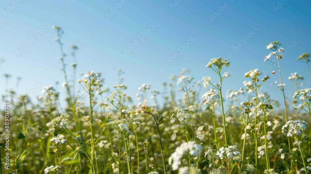 Field of blooming white flowers in buckwheat field under clear blue sky Field of blooming white flowers in buckwheat field under clear blue sky