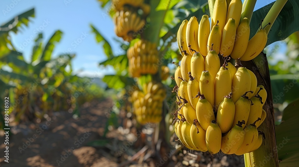 Naklejka premium A bunch of ripe yellow bananas growing on a banana plant in a sunlit plantation.