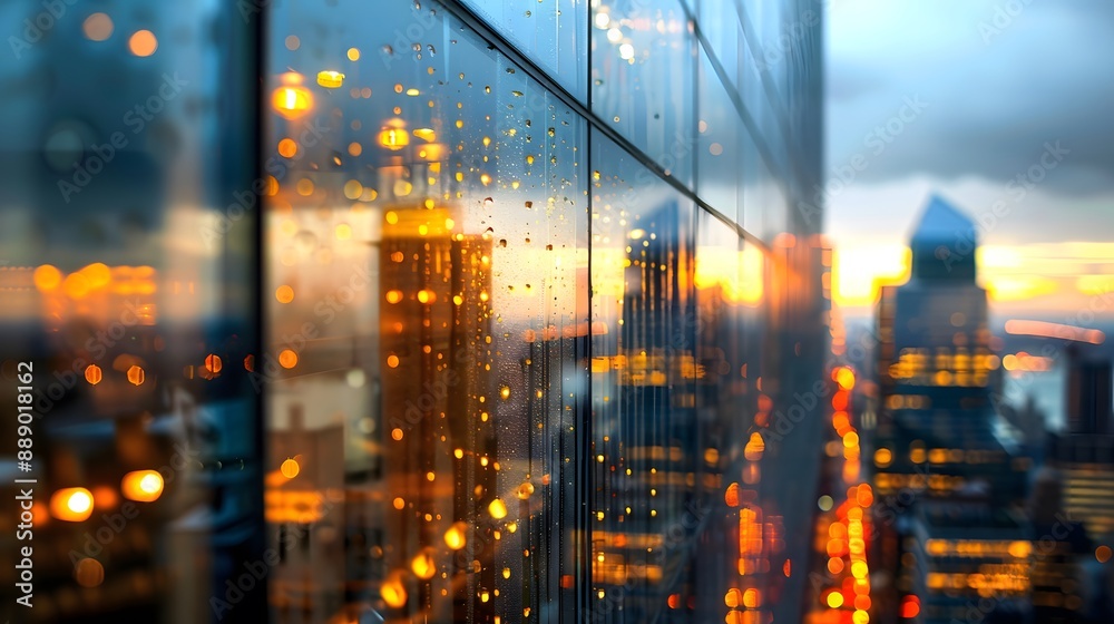 Fototapeta premium Dusk Drizzle: Serene Urban Skyline Reflecting Shimmering Lights