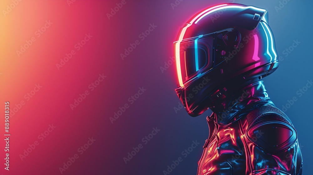 A futuristic motorcyclist wearing a neon-lit helmet and suit, set against a vibrant gradient background. A futuristic motorcyclist wearing a neon-lit helmet and suit, set against a vibrant gradient background.