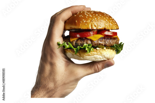 Hand holding hamburger isolated on transparent background