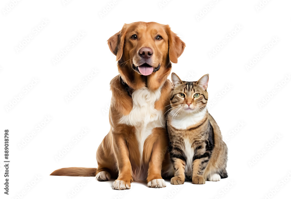 A golden retriever dog and a tabby cat sit side-by-side on a white background. Perfect for pet care articles, animal shelter promotions, or advertising pet products. A golden retriever dog and a tabby cat sit side-by-side on a white background. Perfect for pet care articles, animal shelter promotions, or advertising pet products.