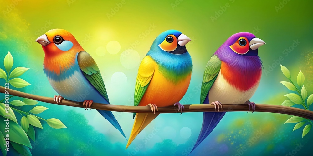 Colorful abstract background featuring three stylized birds perched on a branch , avian, trio, birds, branch, colorful