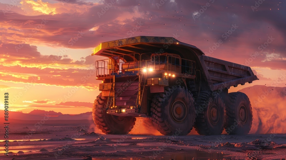 Fototapeta premium mining truck running at sunset