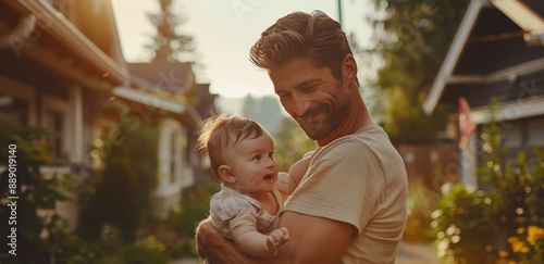 Happy Father Holding Baby On Sunny Day In Front Of Houses
