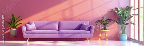 A Purple Sofa In A Bright Pink Room With Plants And Sunlight