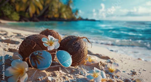 Tropical Beach Scene With Coconuts, Sunglasses, and Flowers